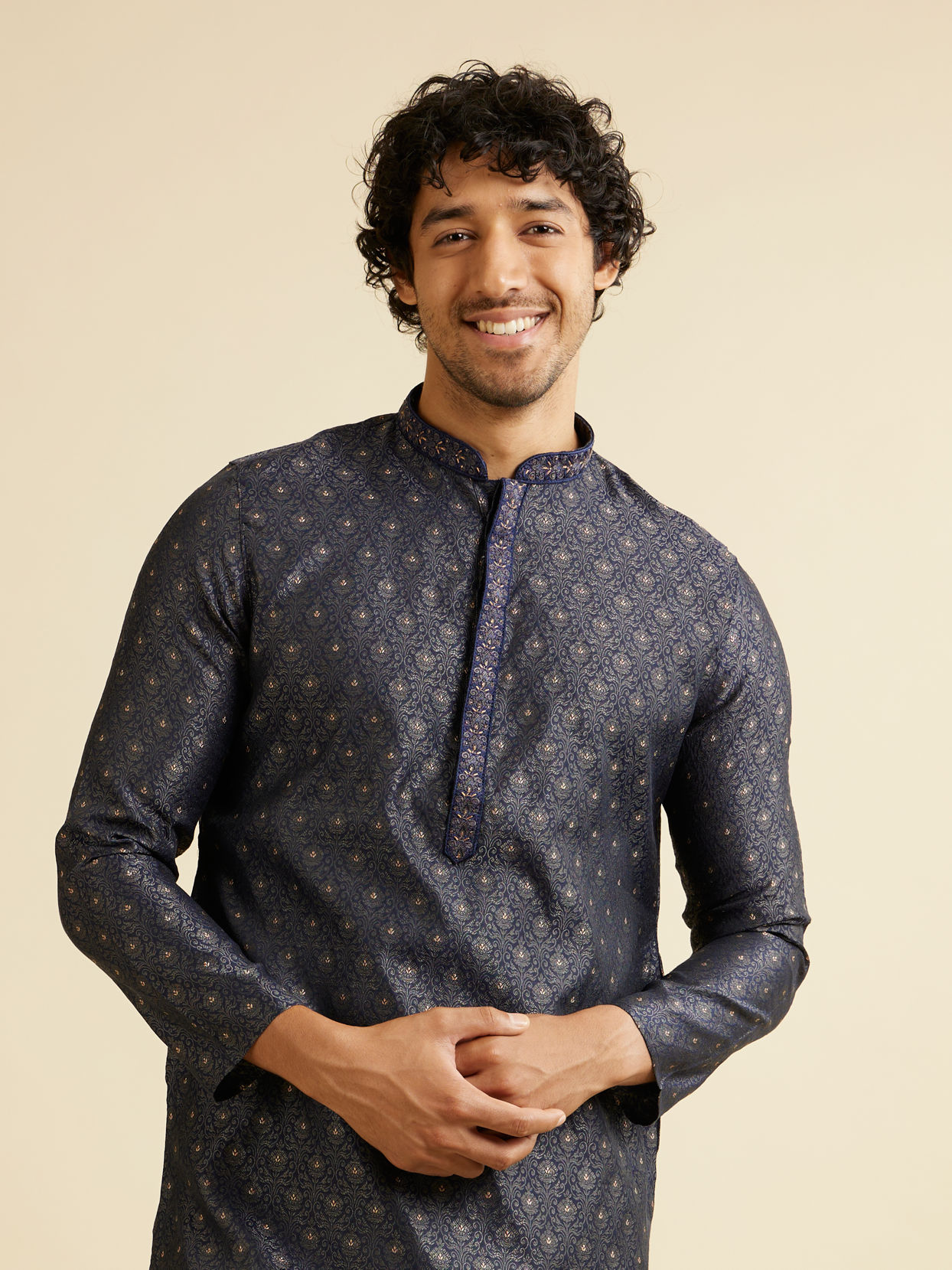 alt message - Manyavar Men Dark Blue Buta Jaal Patterned Kurta Set image number 0