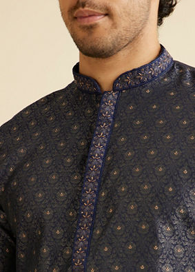 alt message - Manyavar Men Dark Blue Buta Jaal Patterned Kurta Set image number 1