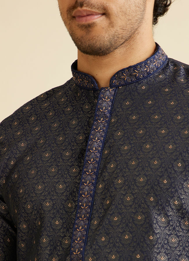 alt message - Manyavar Men Dark Blue Buta Jaal Patterned Kurta Set image number 1