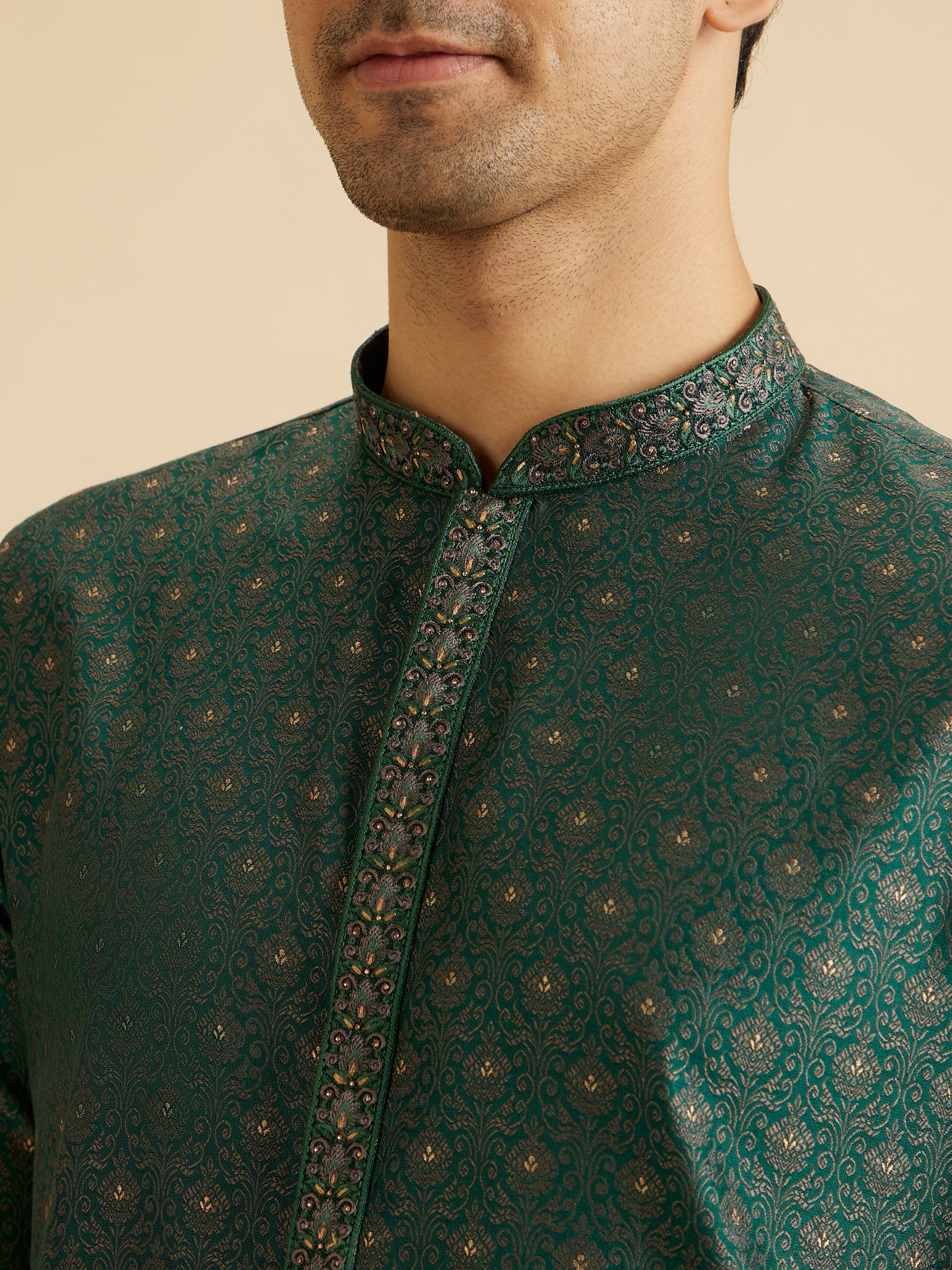 Manyavar Men Emerald Elegance Brocade Kurta Pajama