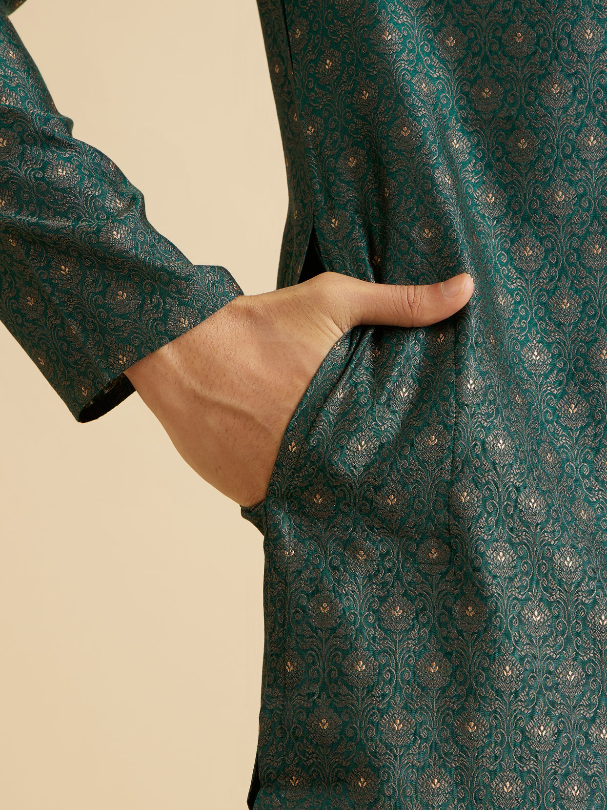Manyavar Men Emerald Elegance Brocade Kurta Pajama