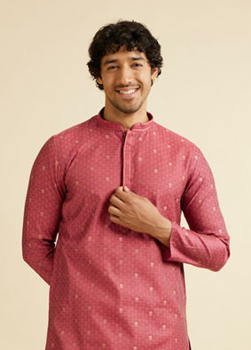 Manyavar Men Coral Red Buta Patterned Kurta Set