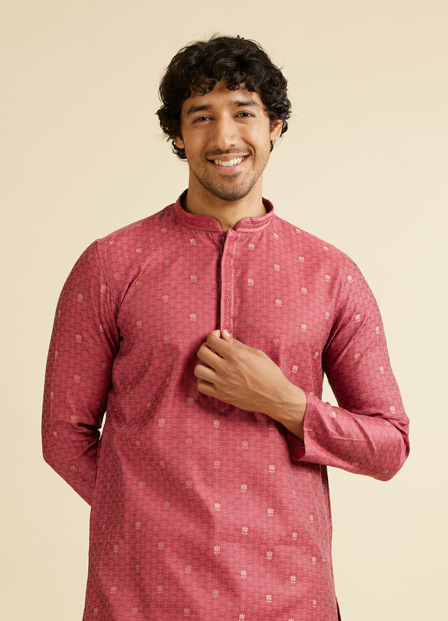 Manyavar Men Coral Red Buta Patterned Kurta Set