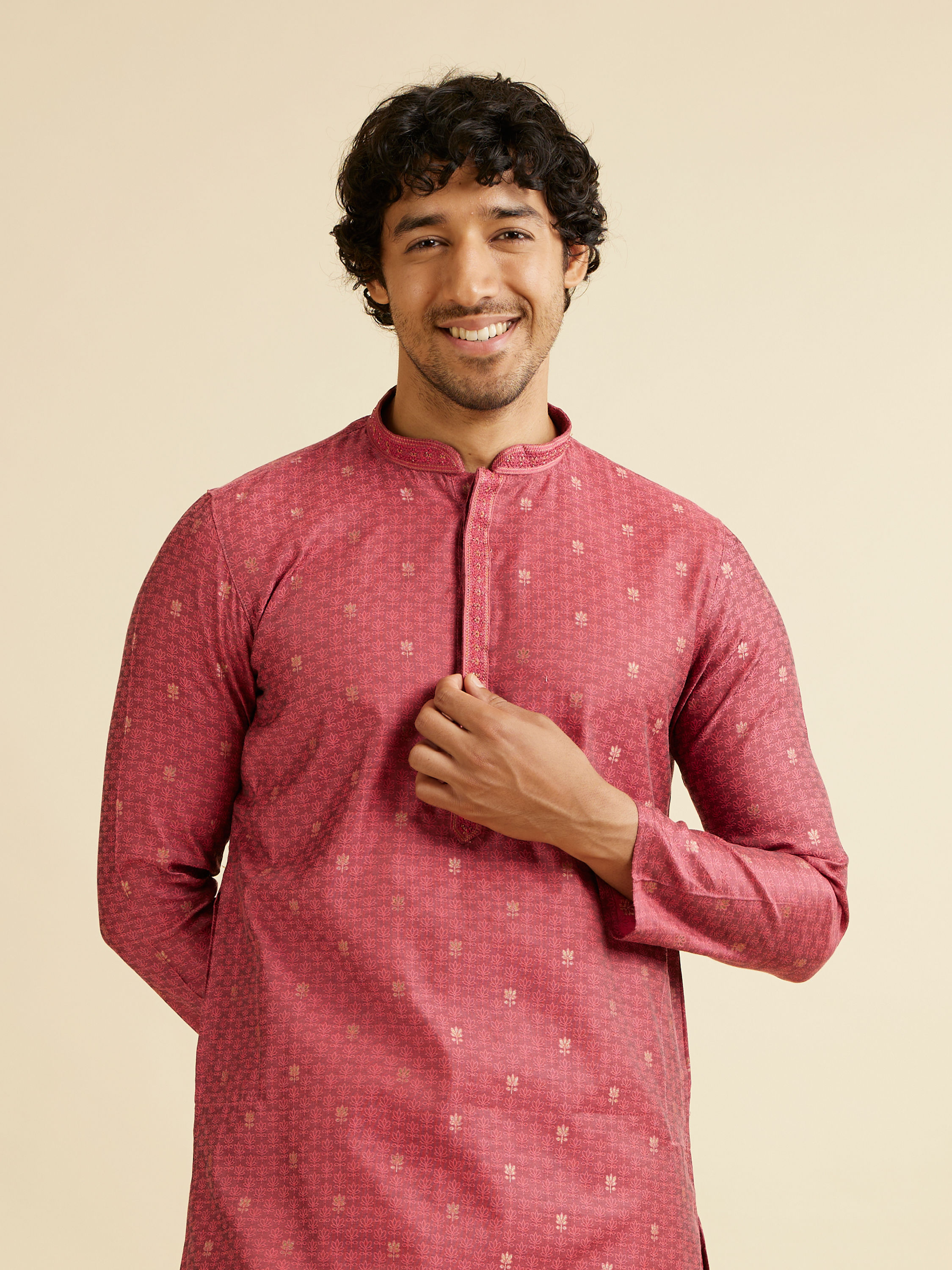 Manyavar Men Coral Red Buta Patterned Kurta Set