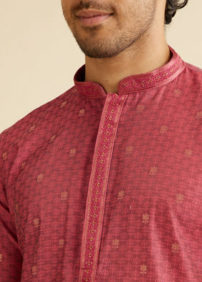 Manyavar Men Coral Red Buta Patterned Kurta Set