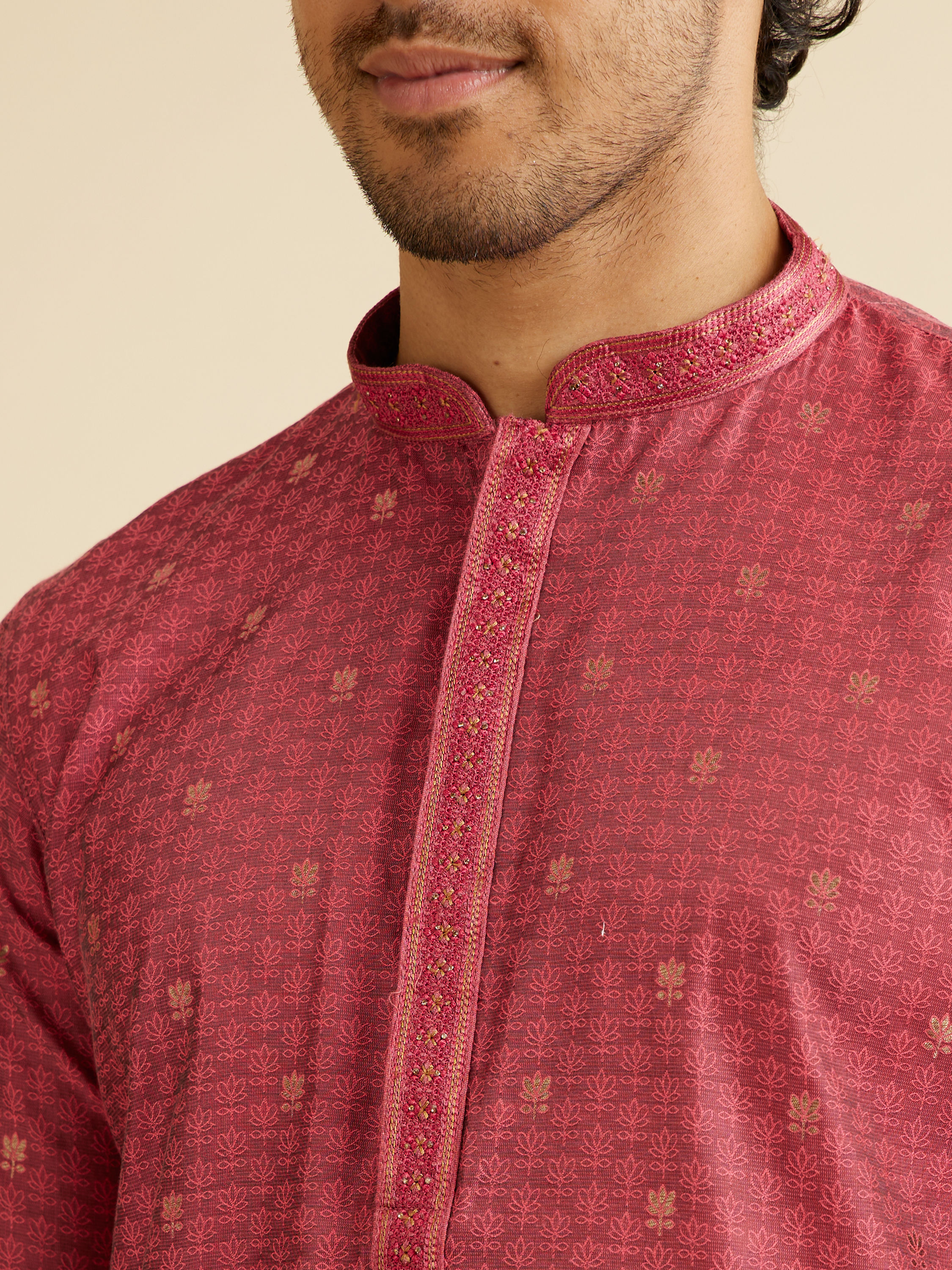 Manyavar Men Coral Red Buta Patterned Kurta Set