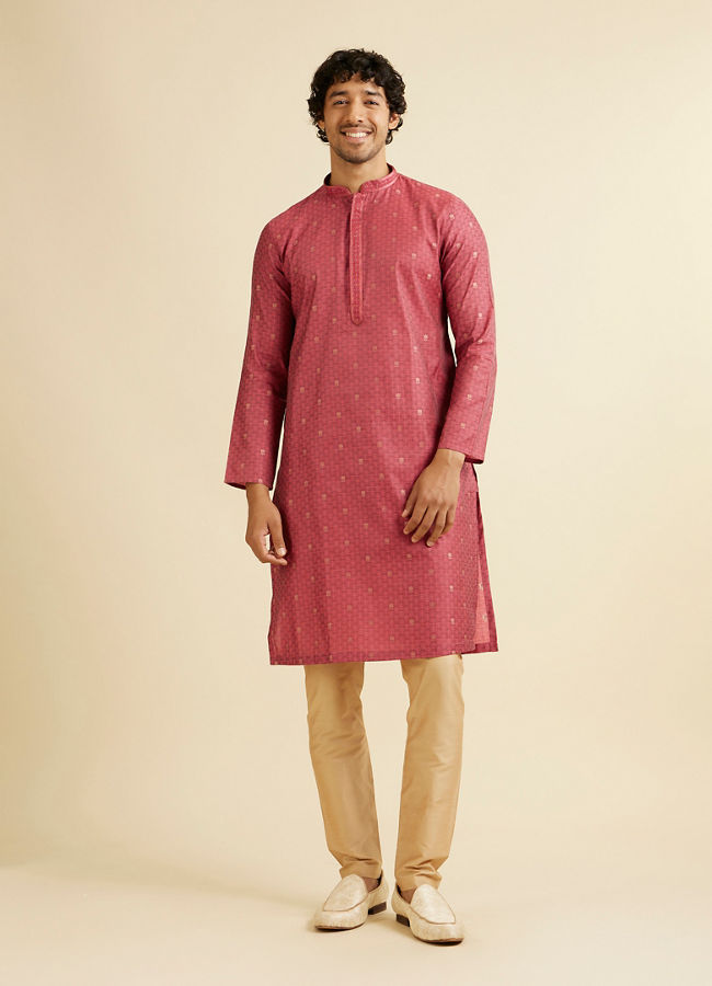 Manyavar Men Coral Red Buta Patterned Kurta Set