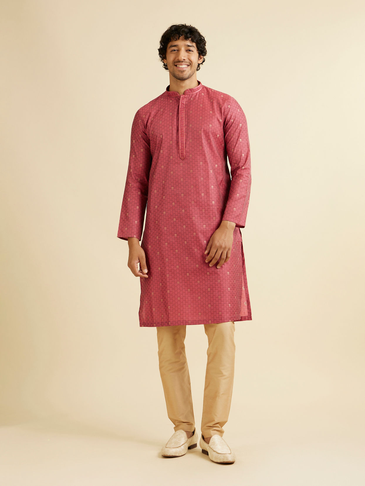Manyavar Men Coral Red Buta Patterned Kurta Set