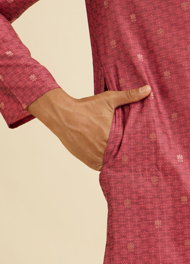 Manyavar Men Coral Red Buta Patterned Kurta Set