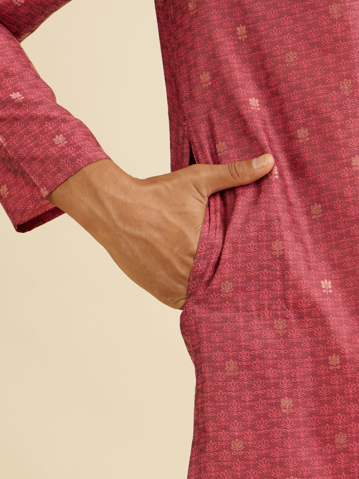 Manyavar Men Coral Red Buta Patterned Kurta Set