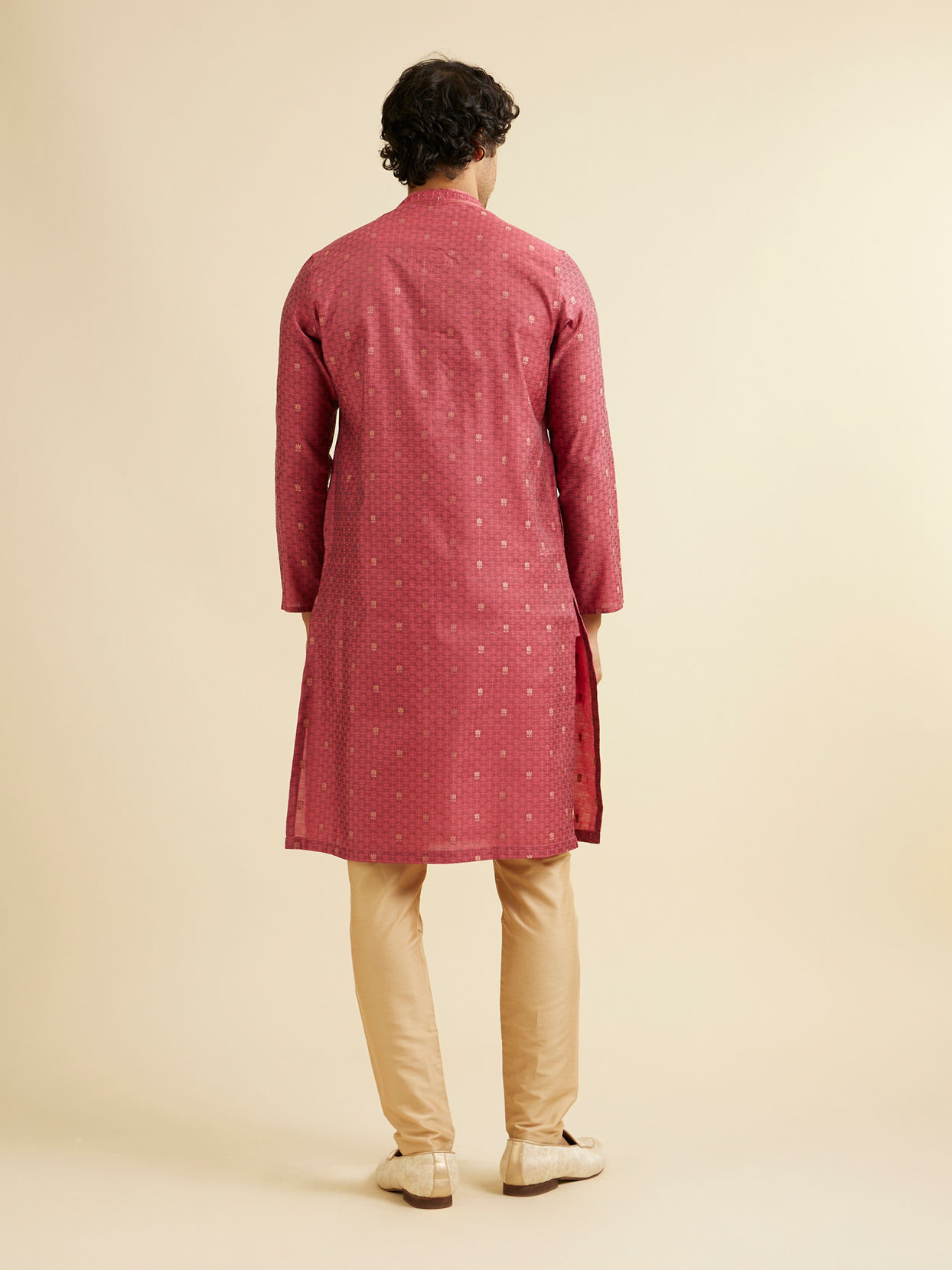 Manyavar Men Coral Red Buta Patterned Kurta Set