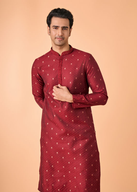 Manyavar Men Royal Maroon Silk Kurta Pajama