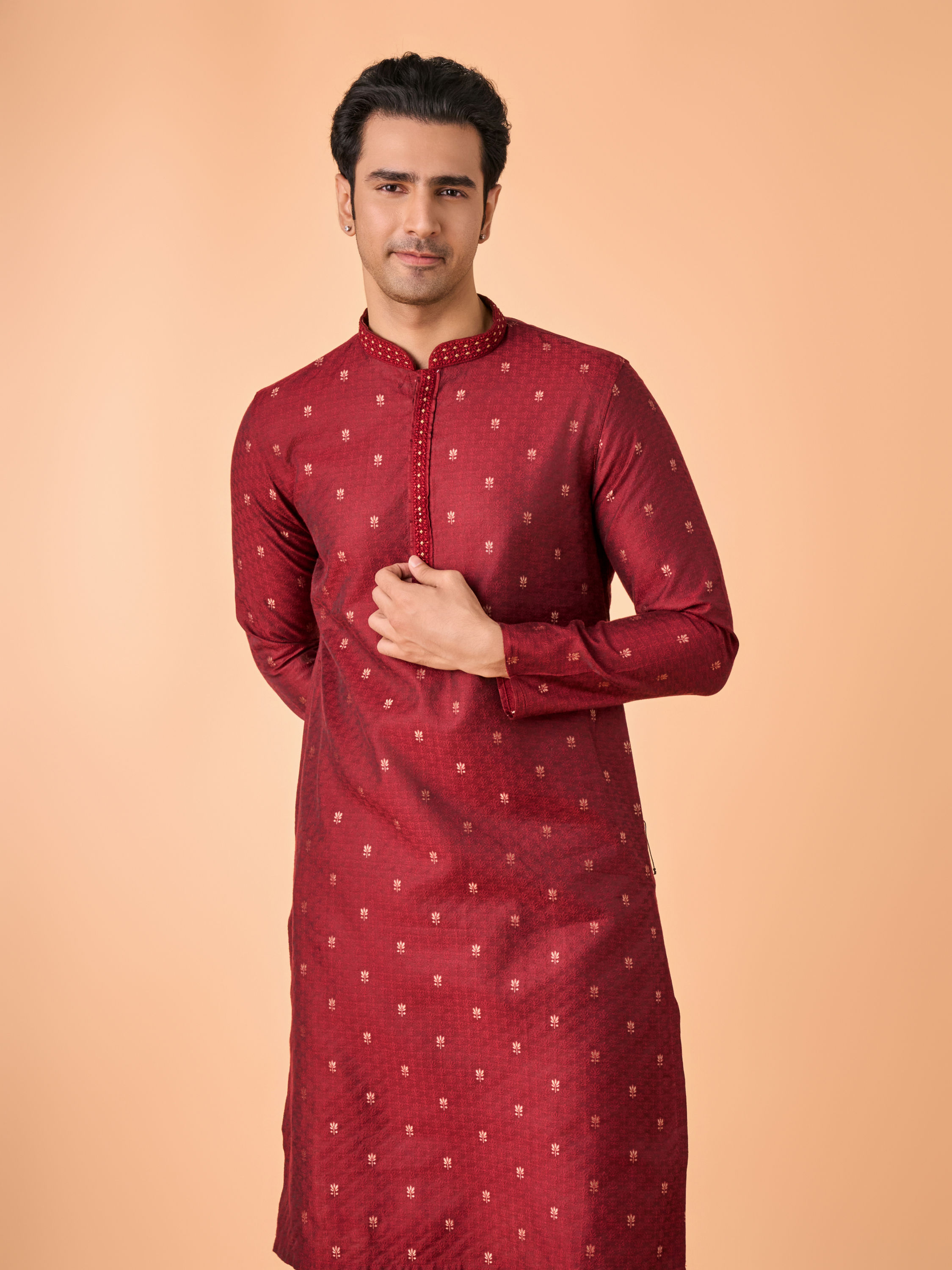 Manyavar Men Royal Maroon Silk Kurta Pajama