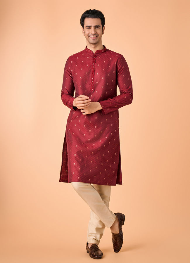 Manyavar Men Royal Maroon Silk Kurta Pajama