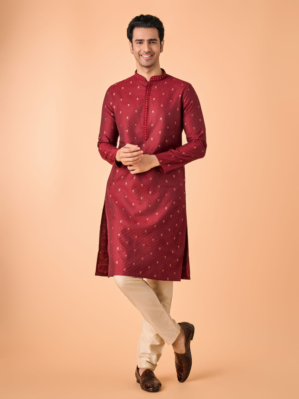 Manyavar Men Royal Maroon Silk Kurta Pajama
