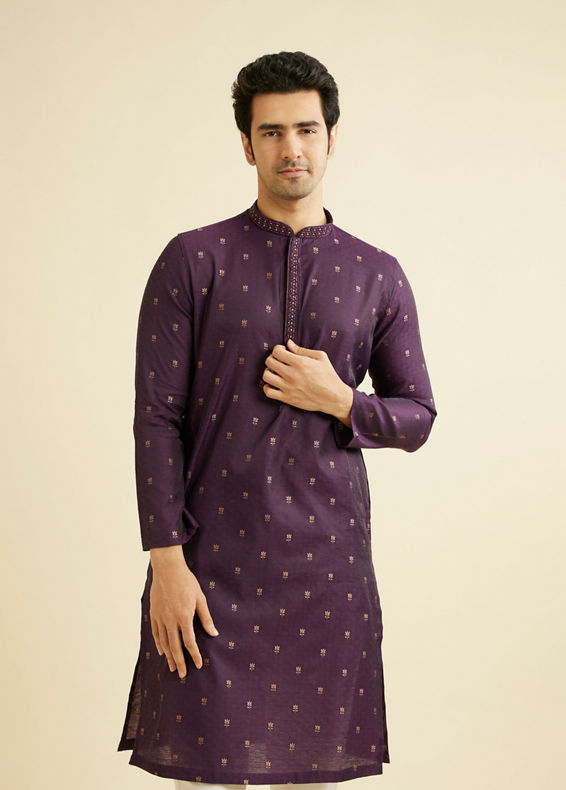 Manyavar Men Royal Purple Floral Buta Patterned Kurta Set