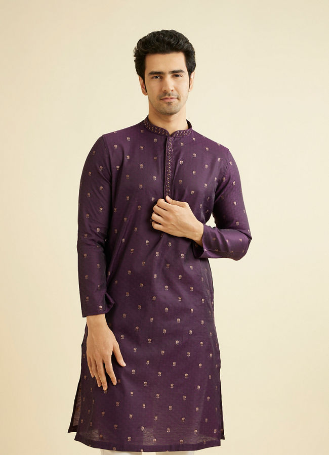 Manyavar Men Royal Purple Floral Buta Patterned Kurta Set image number 0