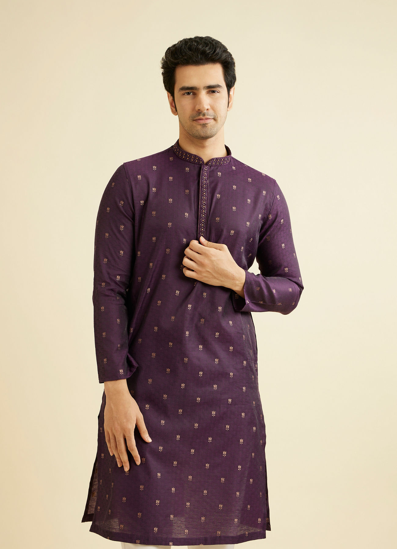Manyavar Men Royal Purple Floral Buta Patterned Kurta Set