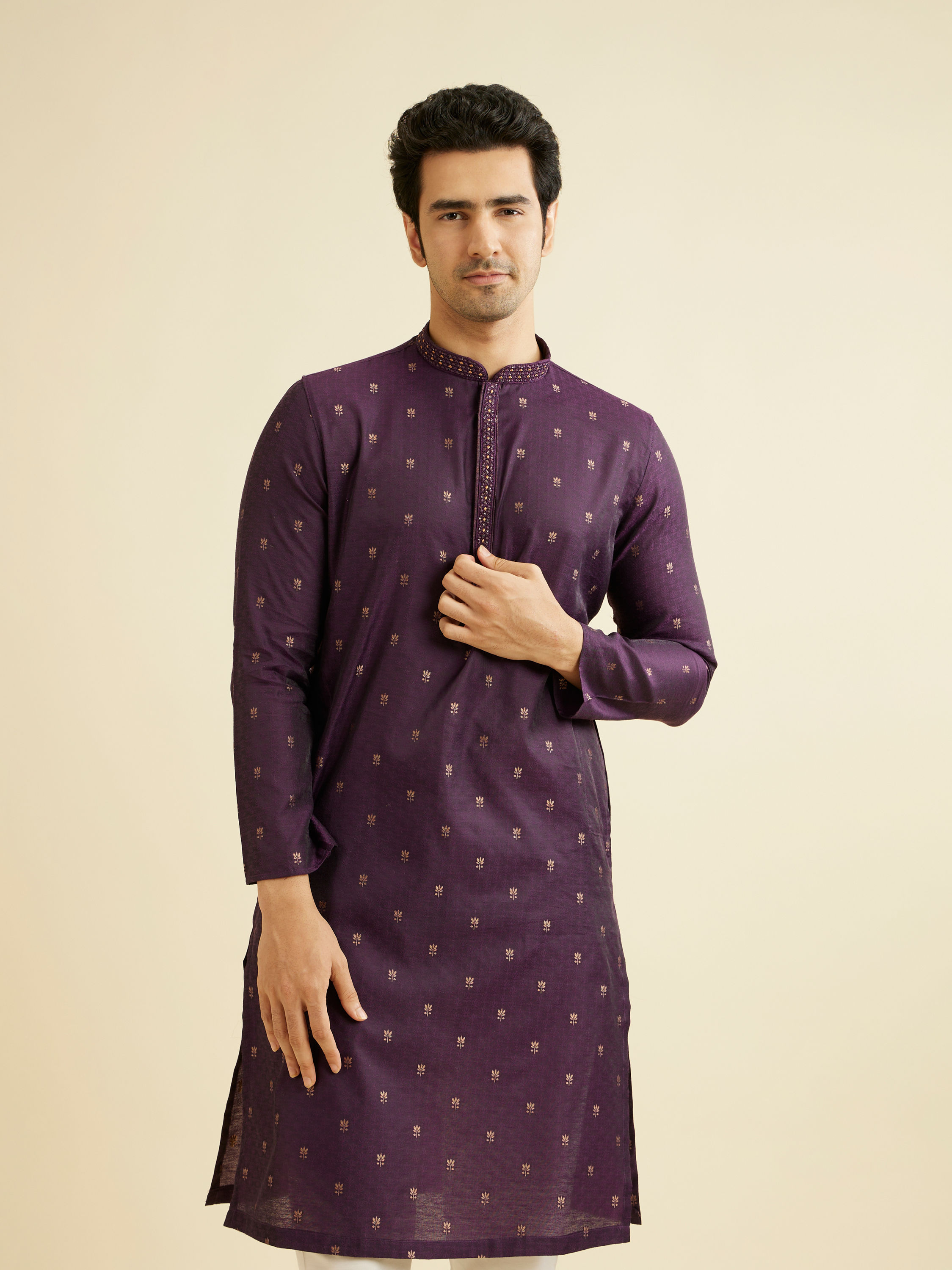Manyavar Men Royal Purple Floral Buta Patterned Kurta Set
