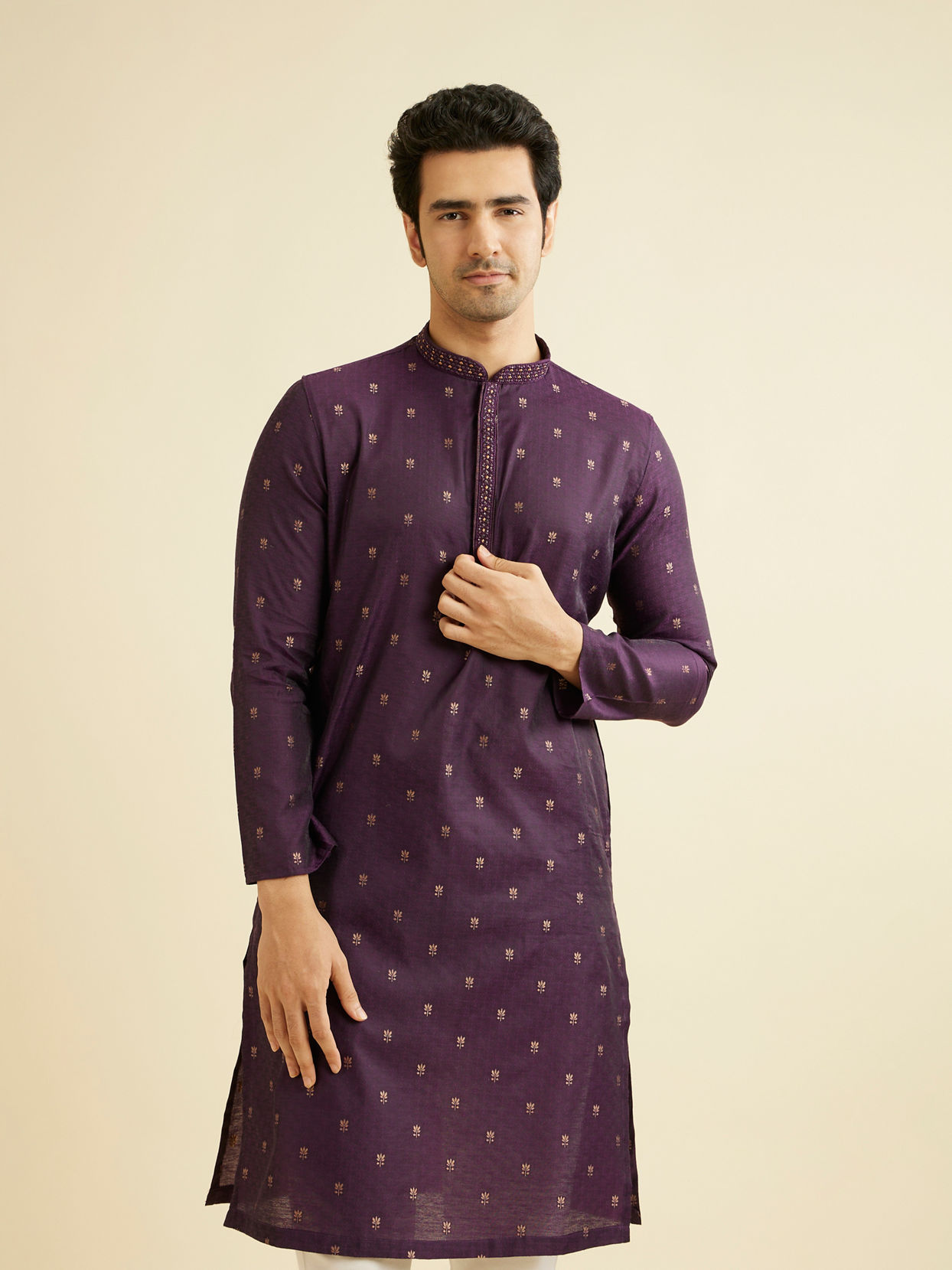 Manyavar Men Royal Purple Floral Buta Patterned Kurta Set