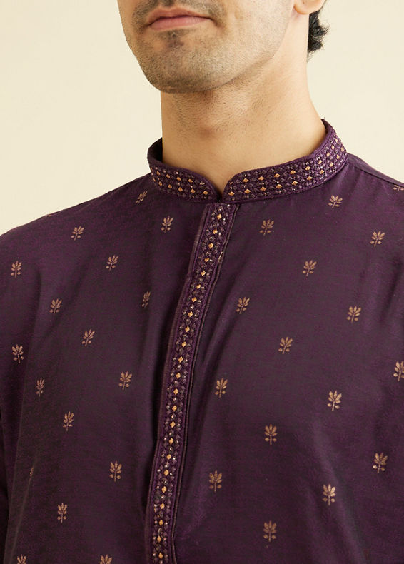 Manyavar Men Royal Purple Floral Buta Patterned Kurta Set