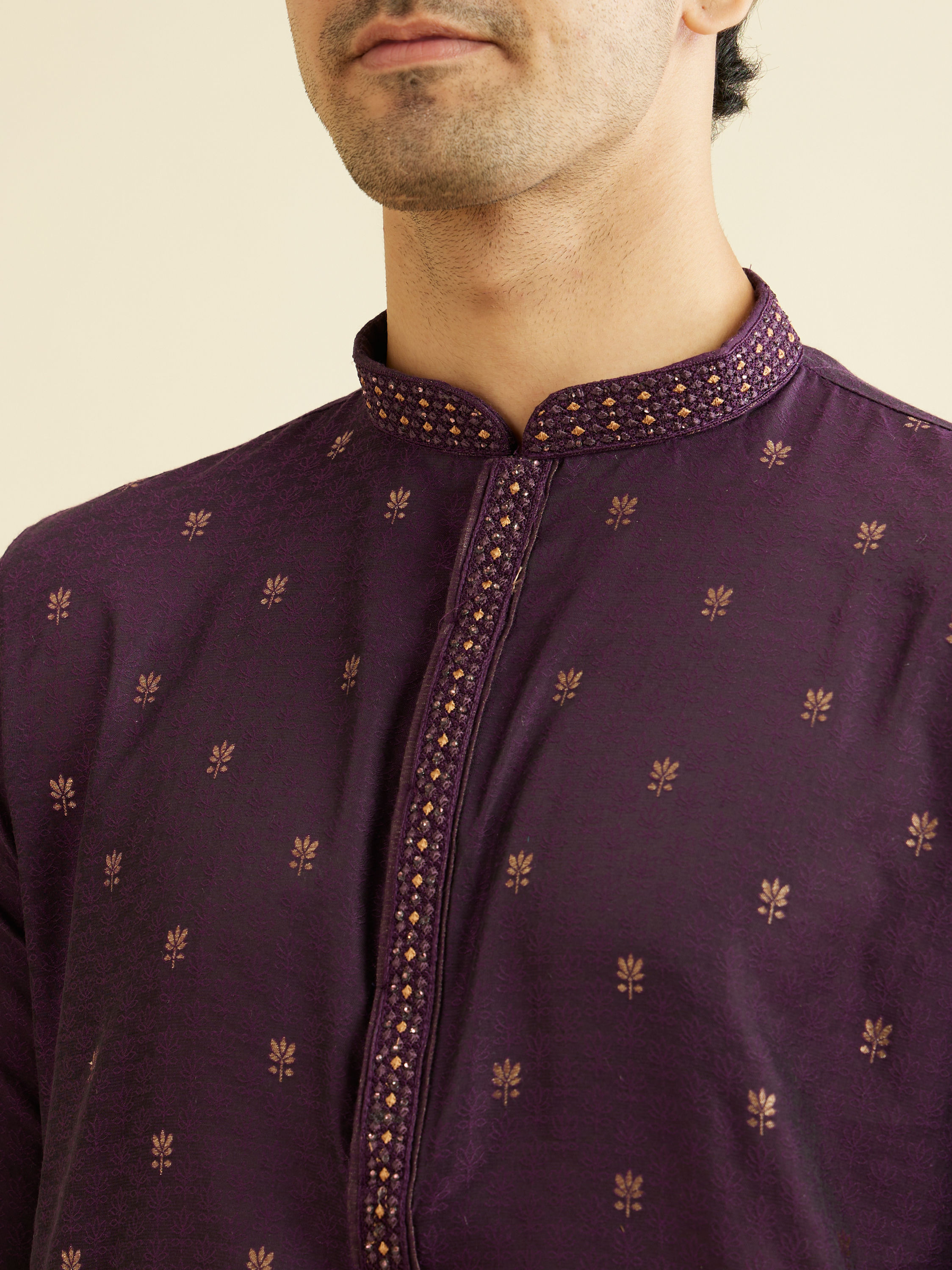 Manyavar Men Royal Purple Floral Buta Patterned Kurta Set