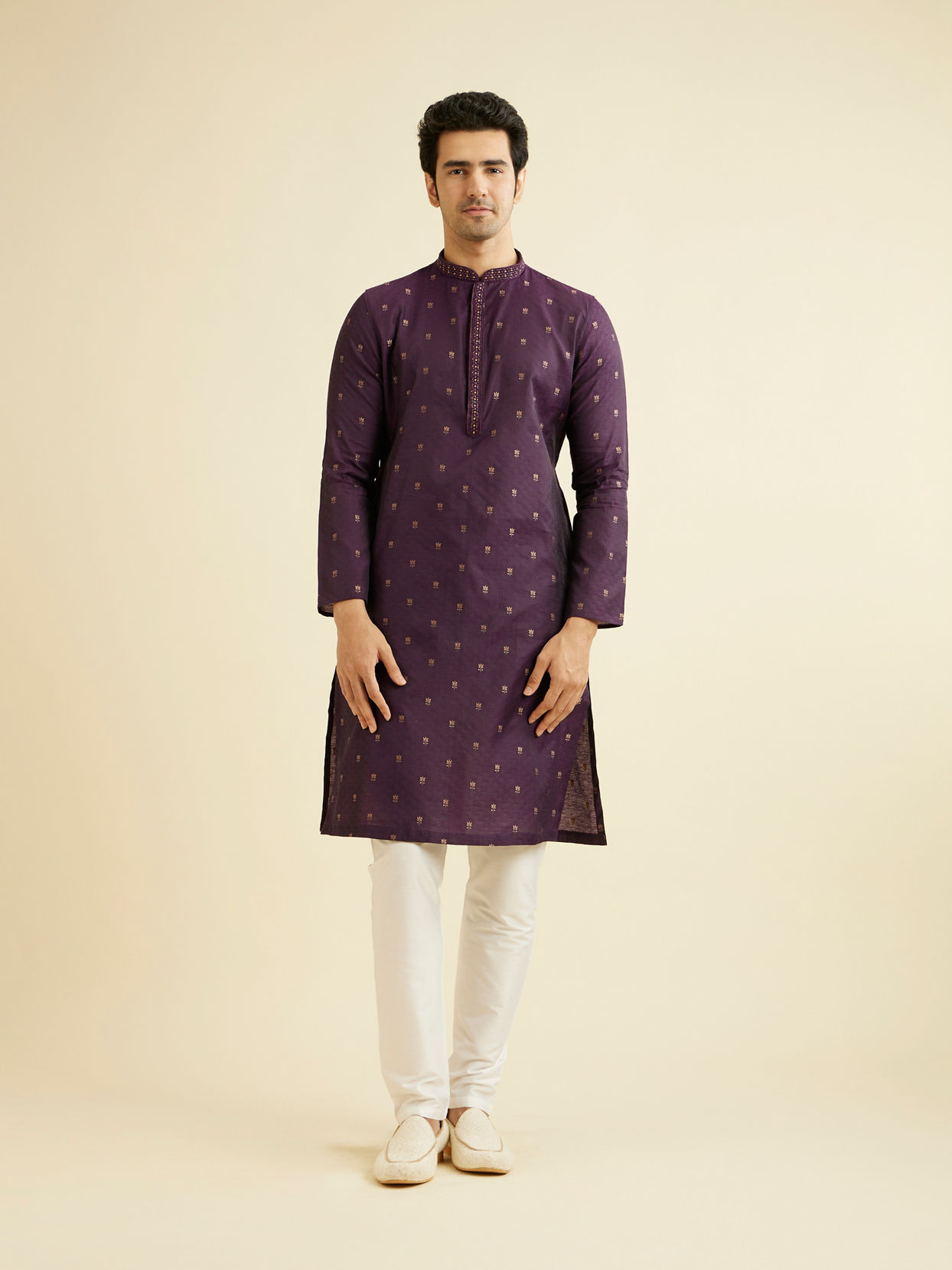 Manyavar Men Royal Purple Floral Buta Patterned Kurta Set image number 2