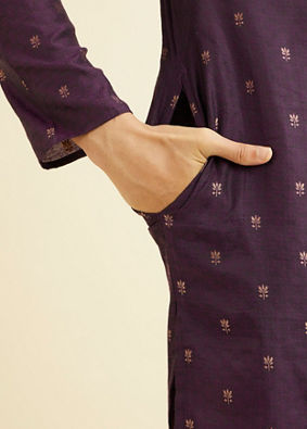 Manyavar Men Royal Purple Floral Buta Patterned Kurta Set image number 3