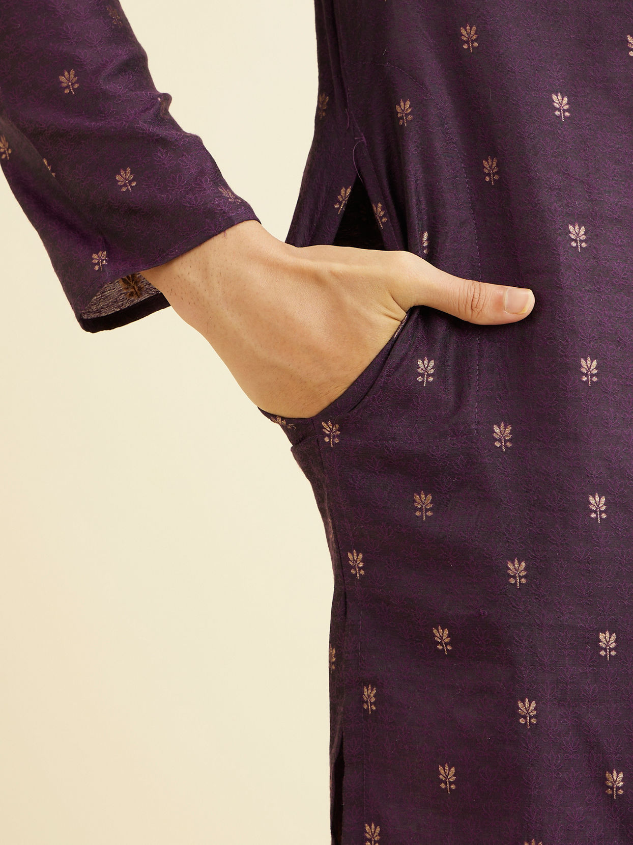 Manyavar Men Royal Purple Floral Buta Patterned Kurta Set image number 3