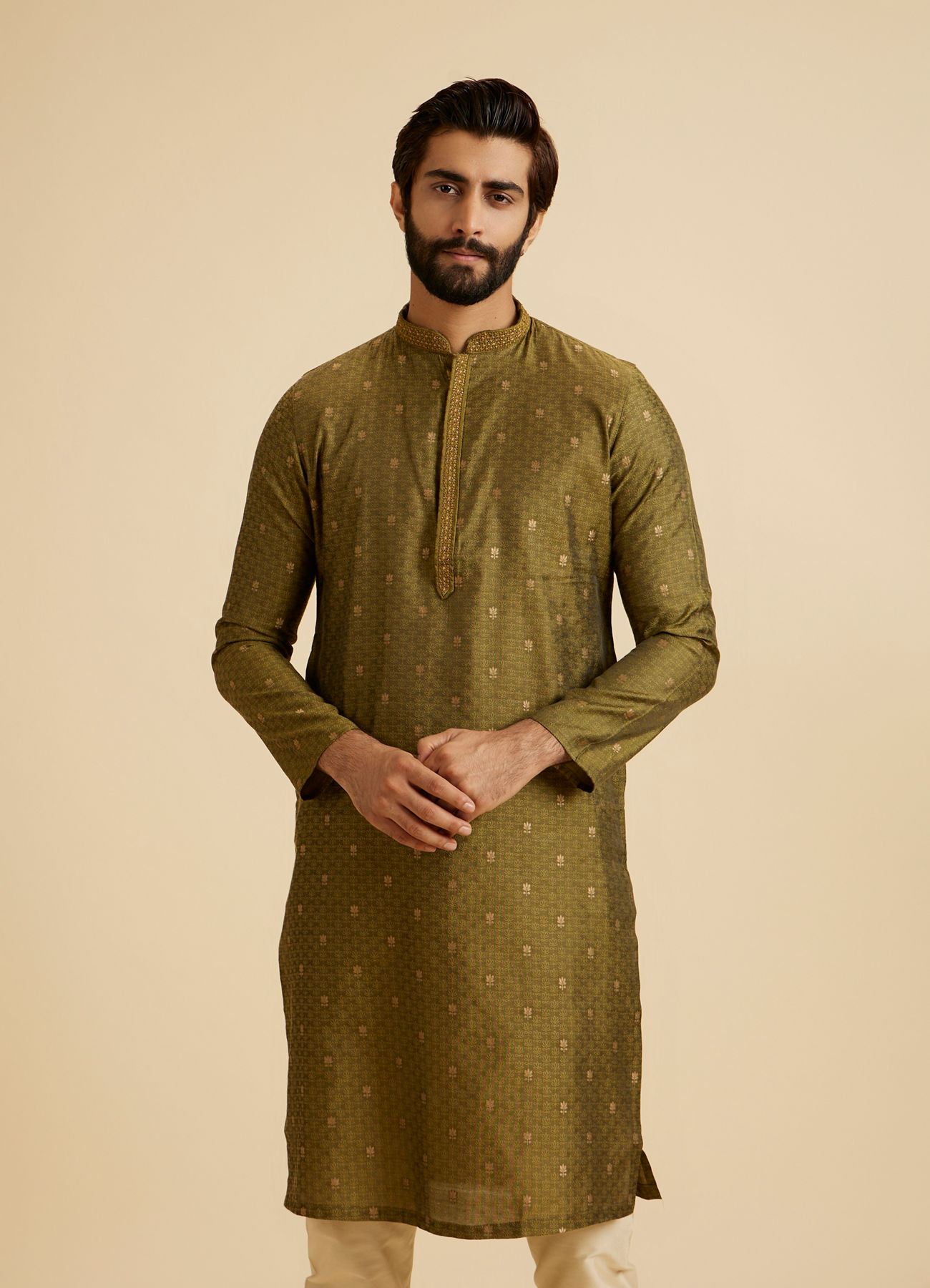 Manyavar Men Olive Green Elegance Kurta Pajama