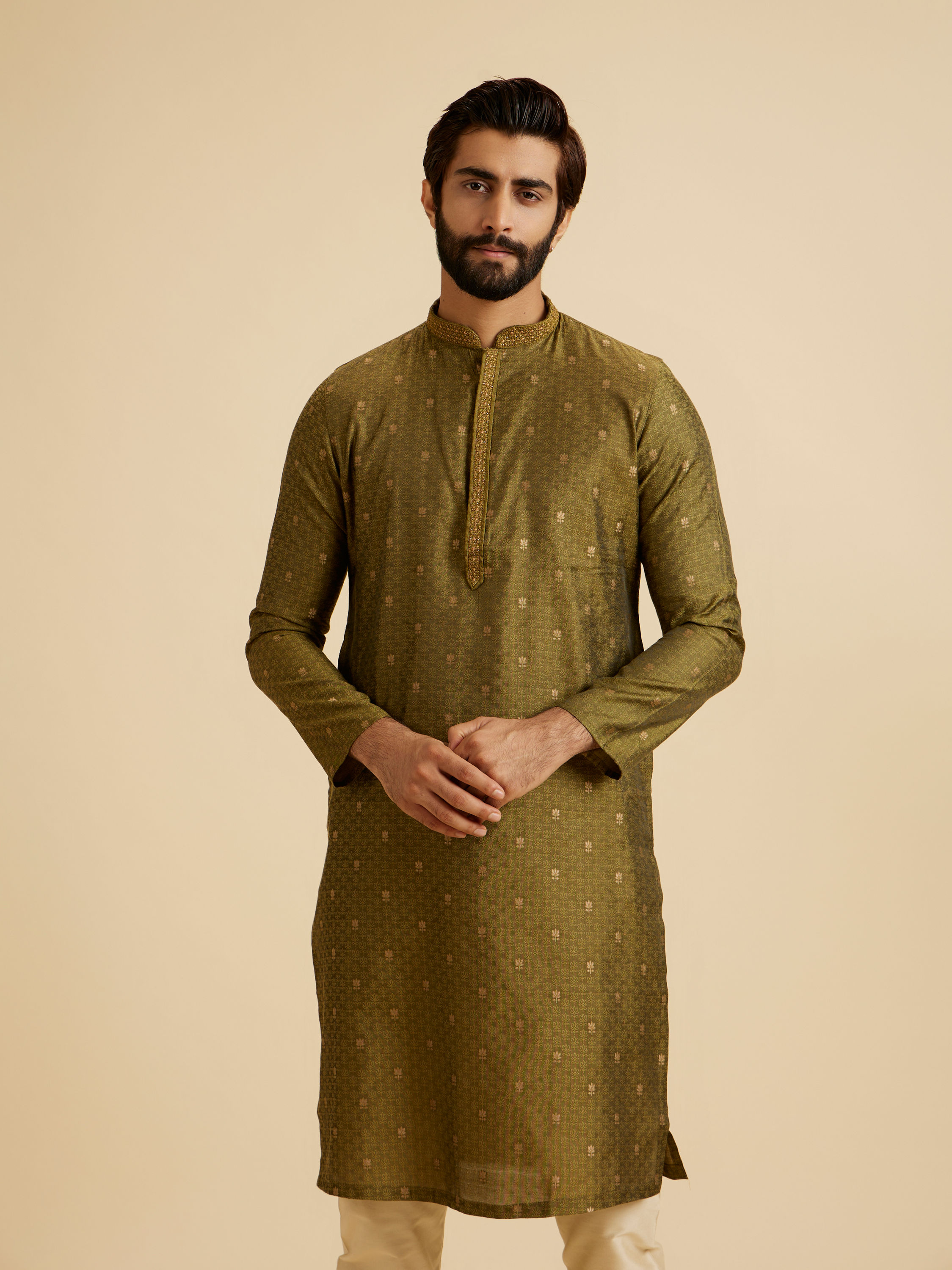 Manyavar Men Olive Green Elegance Kurta Pajama