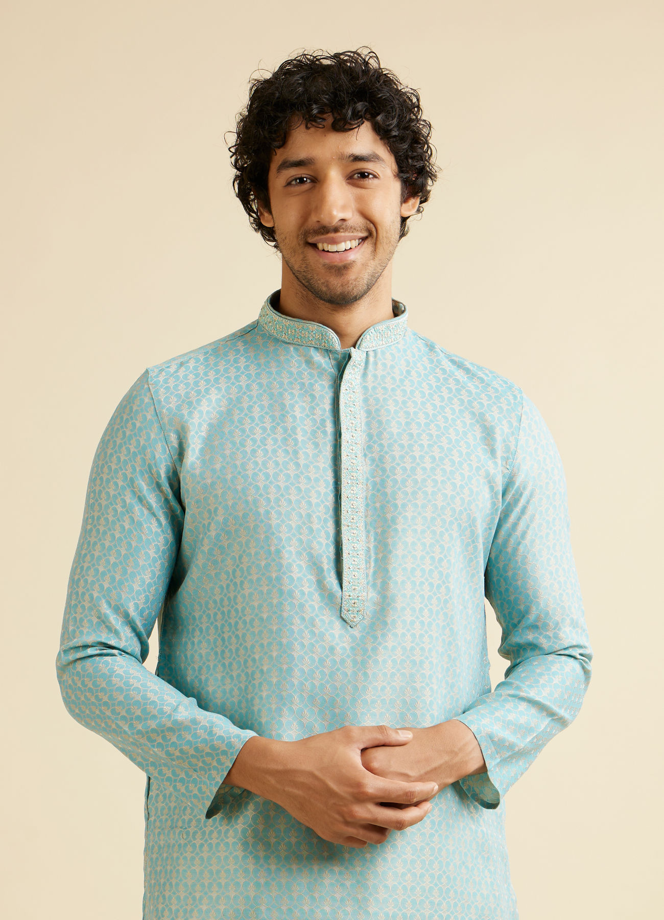 Manyavar Men Aqua Green Jaal Patterned Kurta Set