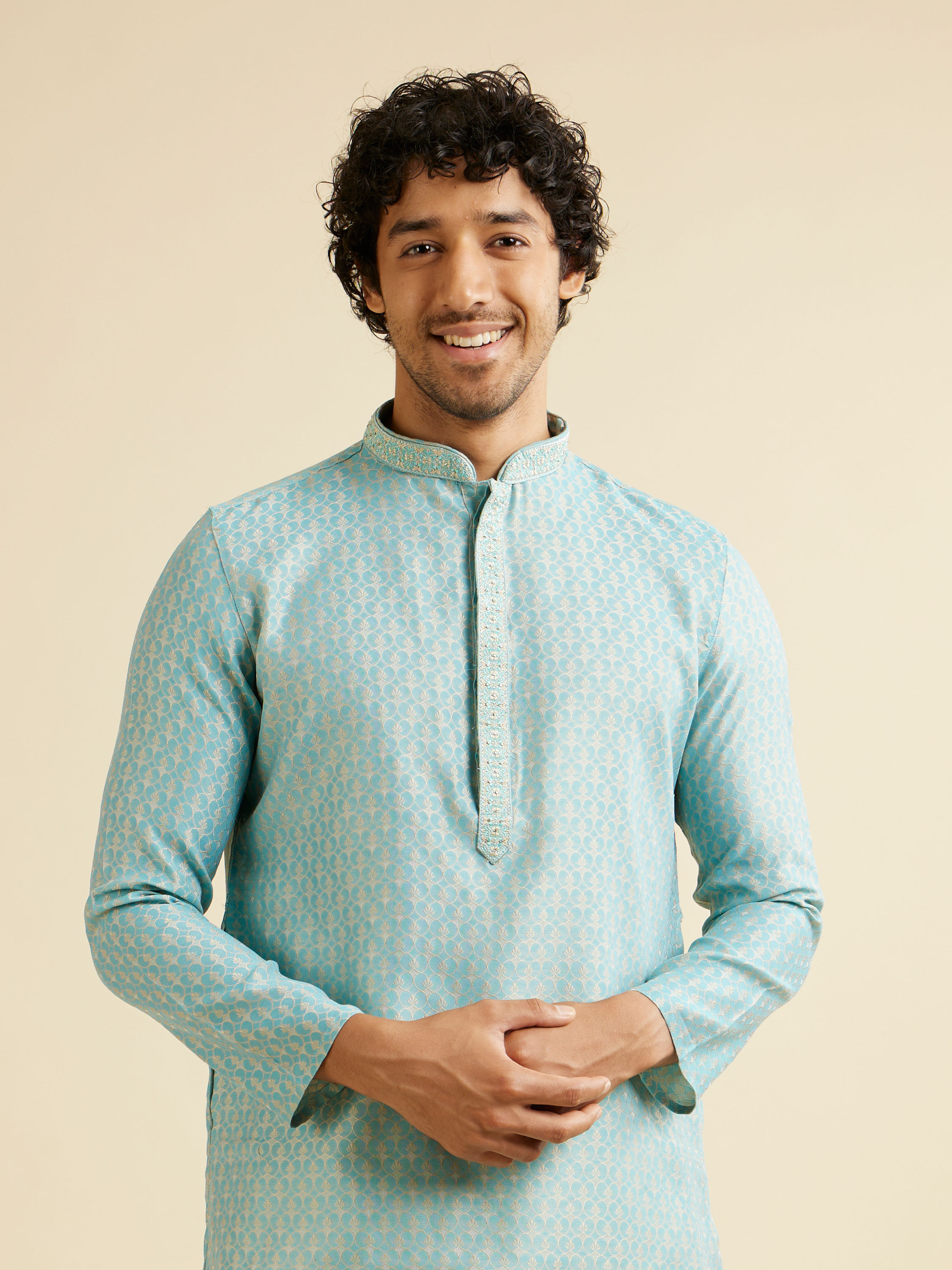 Manyavar Men Aqua Green Jaal Patterned Kurta Set