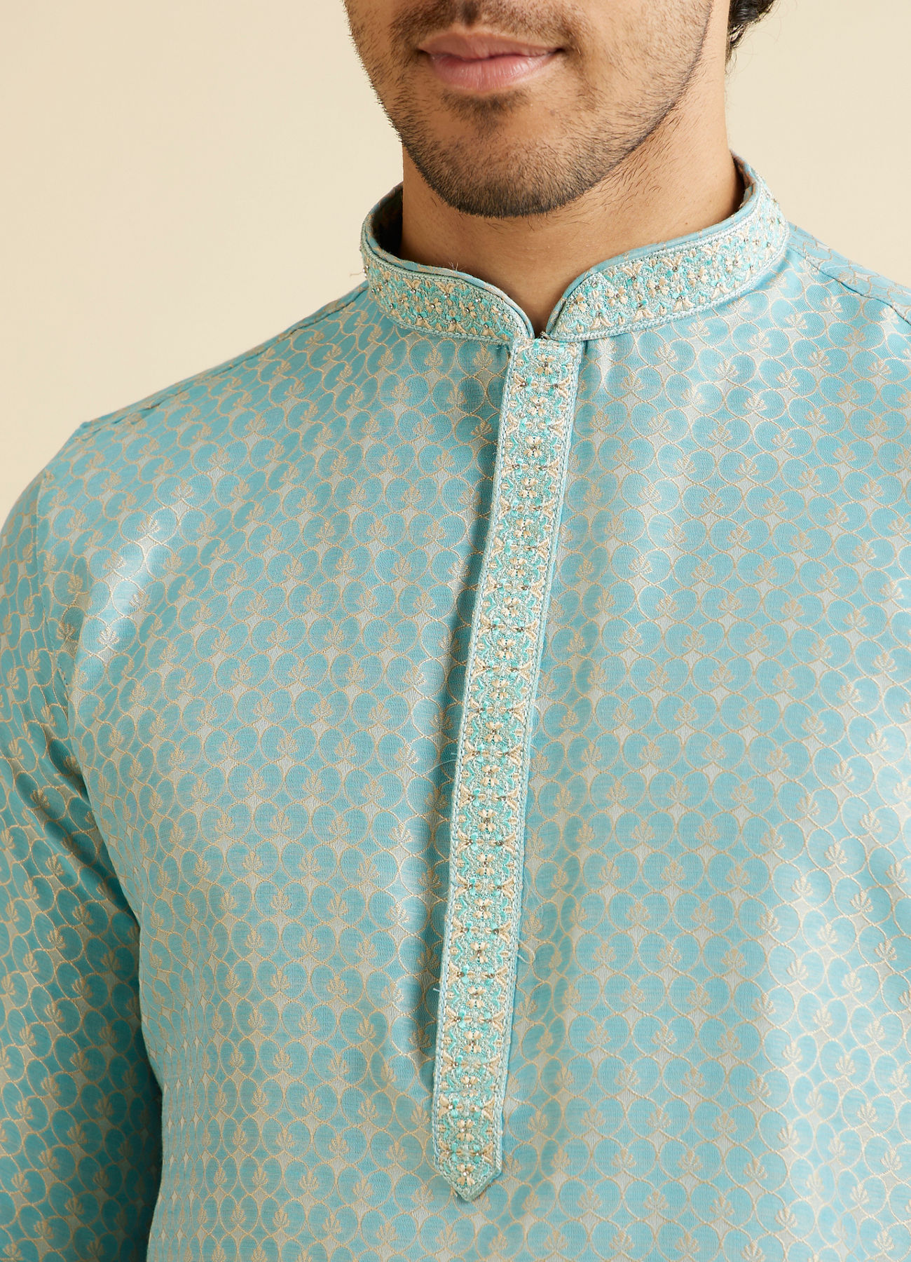 Manyavar Men Aqua Green Jaal Patterned Kurta Set