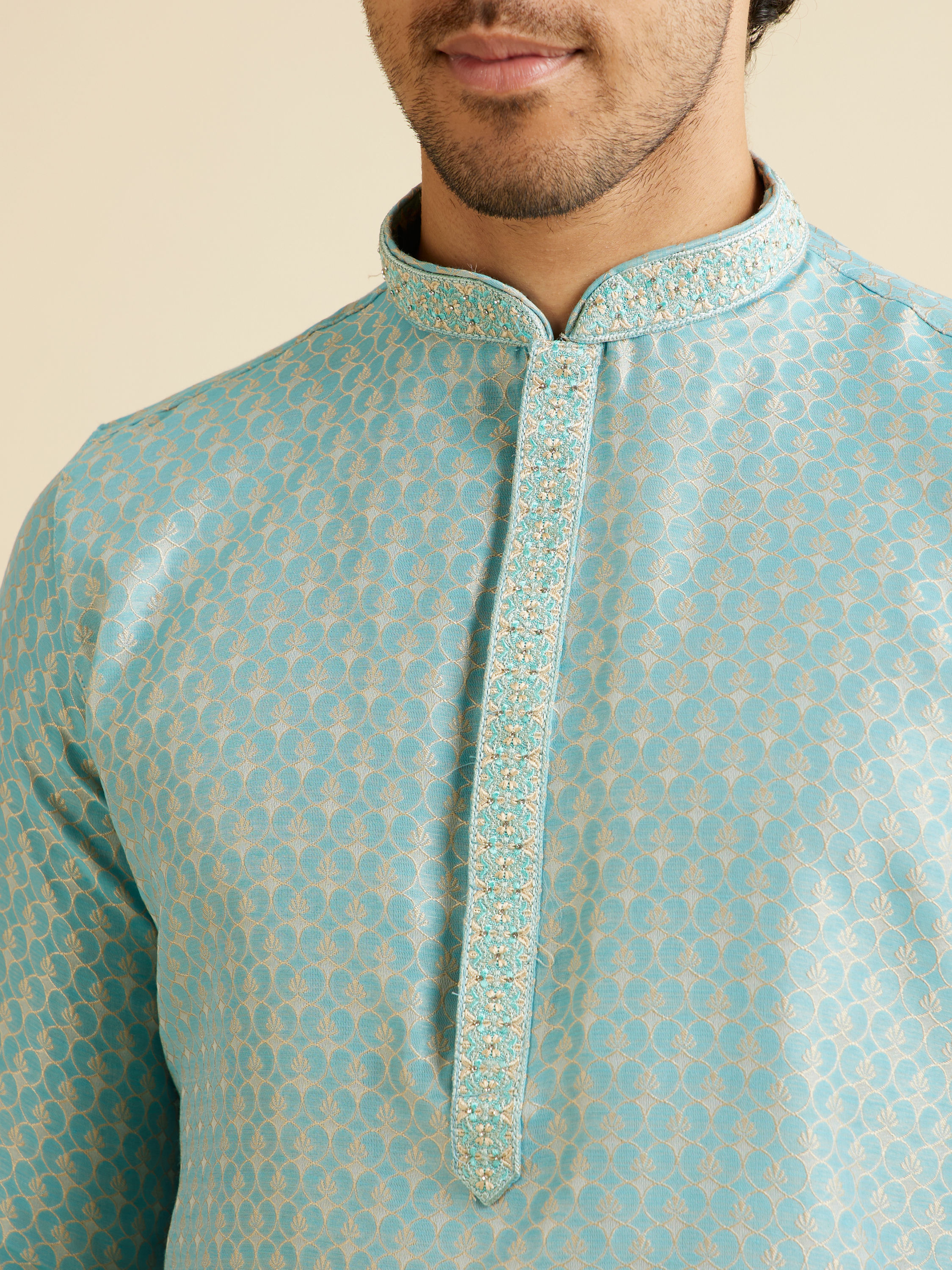 Manyavar Men Aqua Green Jaal Patterned Kurta Set