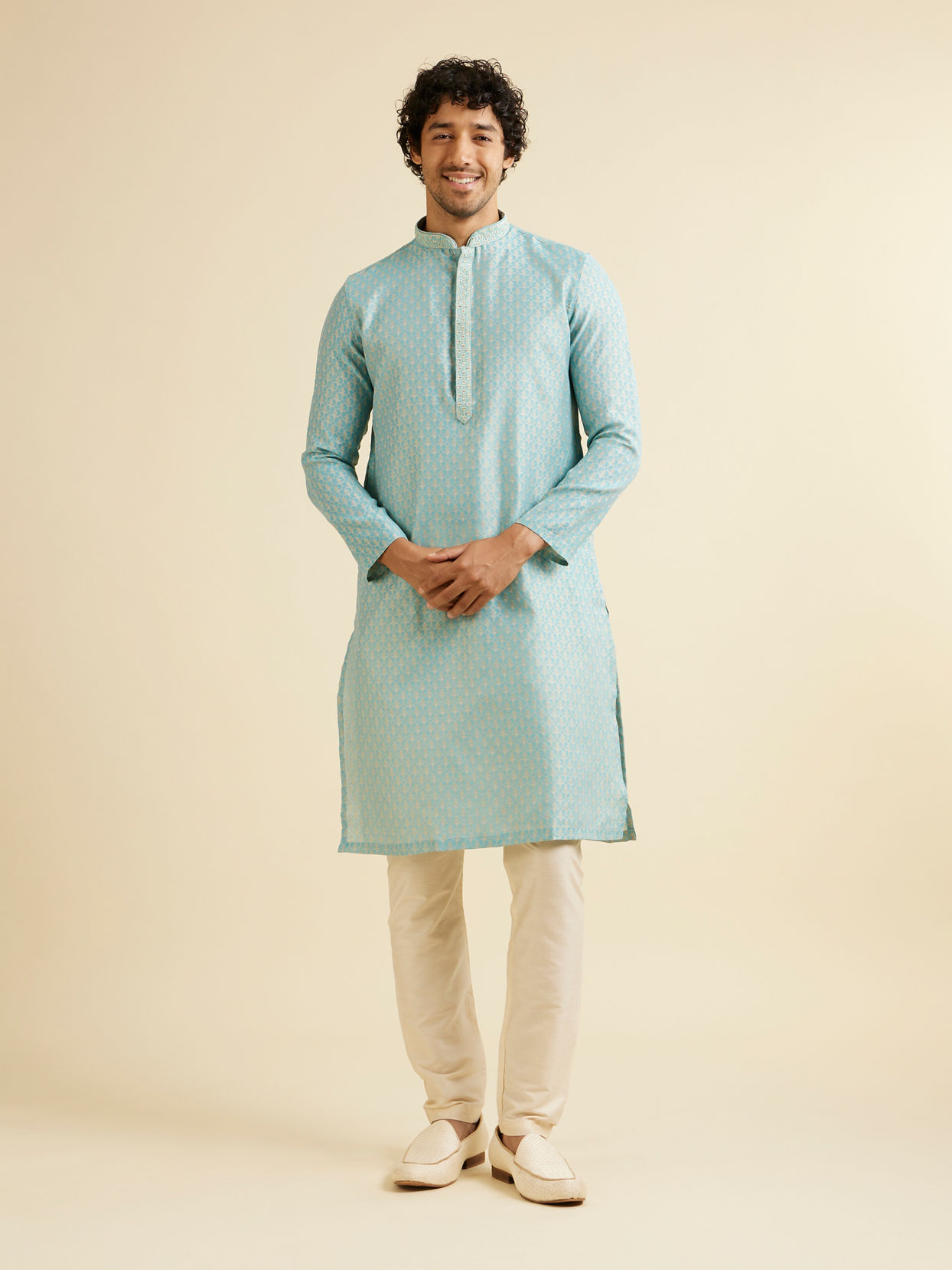 Manyavar Men Aqua Green Jaal Patterned Kurta Set