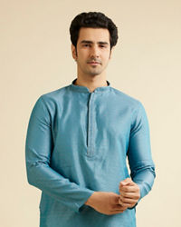 Manyavar Men Turquoise Blue Fern Patterned Kurta Set