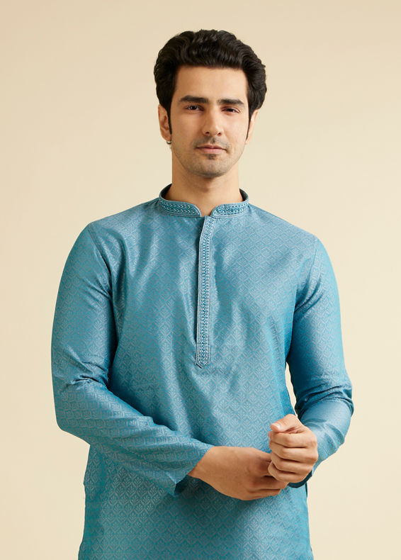 Manyavar Men Turquoise Blue Fern Patterned Kurta Set