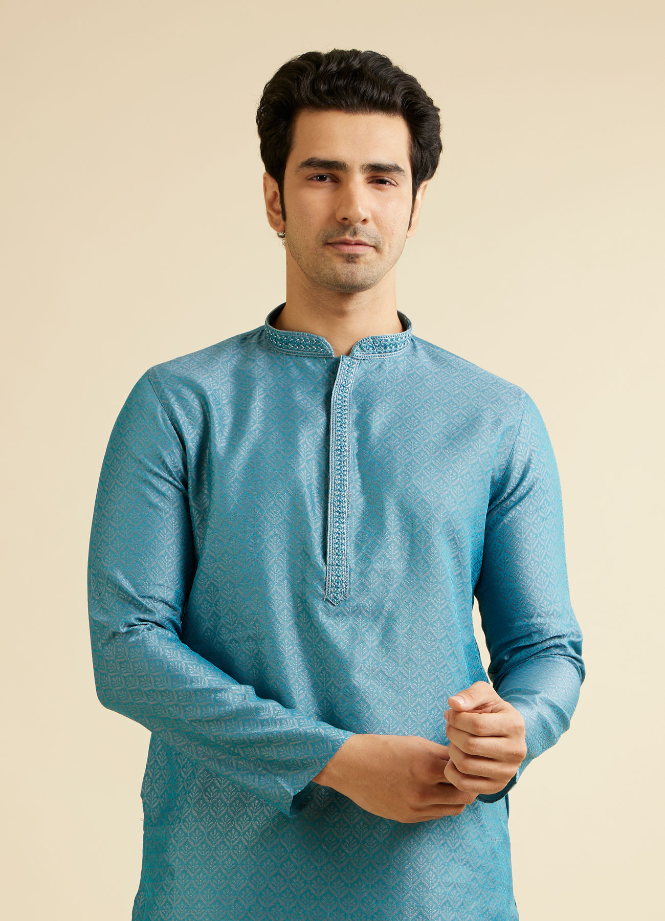 Manyavar Men Turquoise Blue Fern Patterned Kurta Set