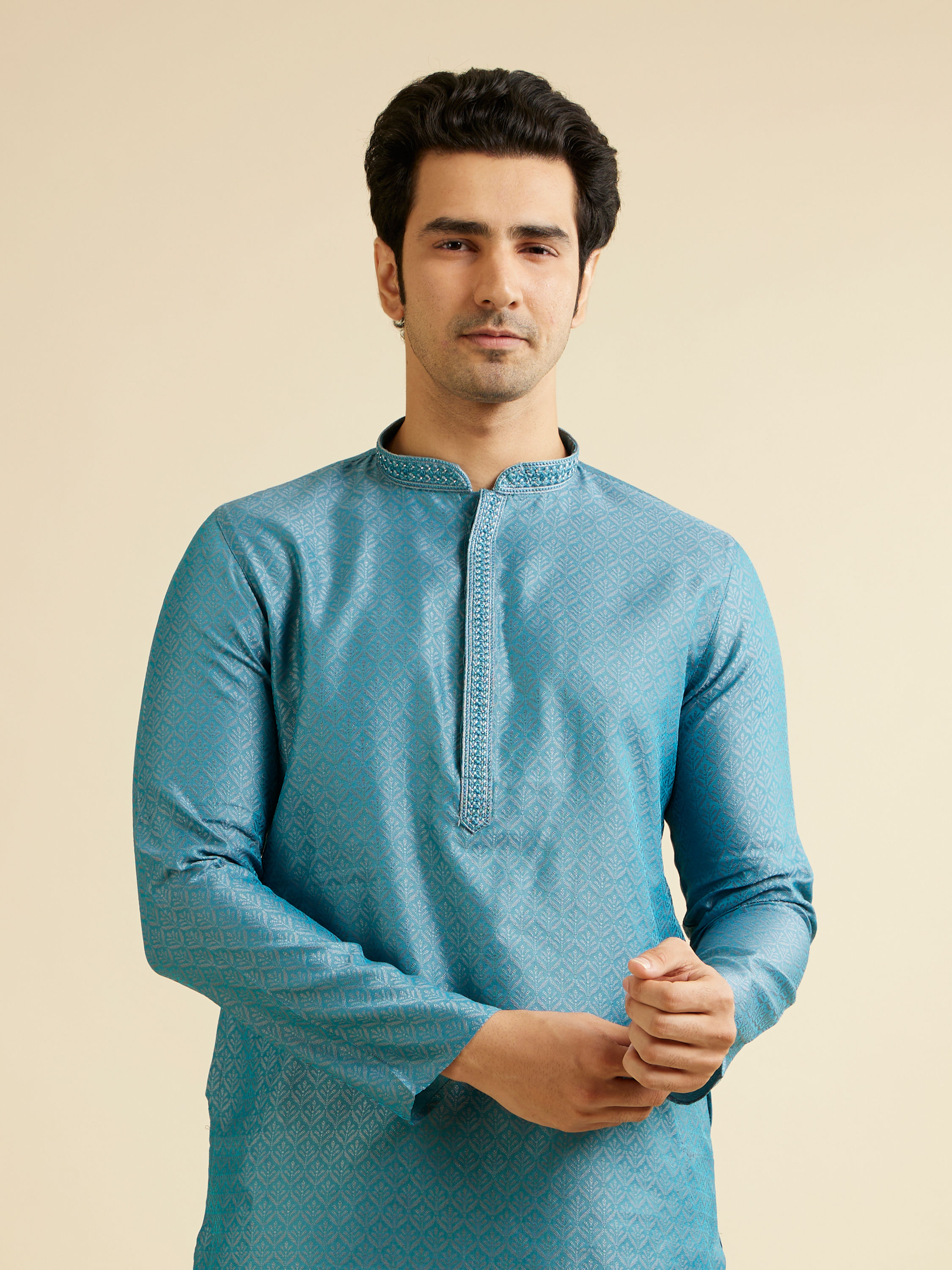 Manyavar Men Turquoise Blue Fern Patterned Kurta Set