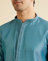 Manyavar Men Turquoise Blue Fern Patterned Kurta Set