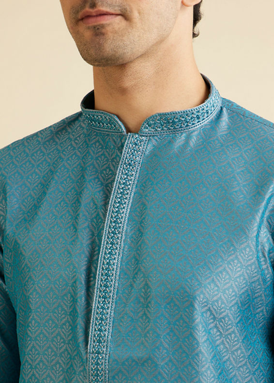 Manyavar Men Turquoise Blue Fern Patterned Kurta Set