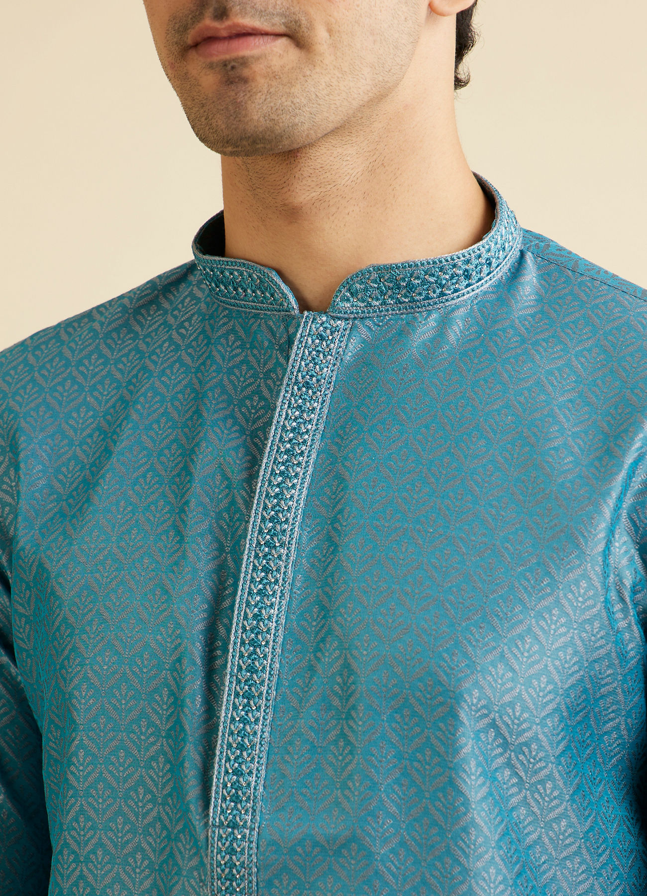 Manyavar Men Turquoise Blue Fern Patterned Kurta Set