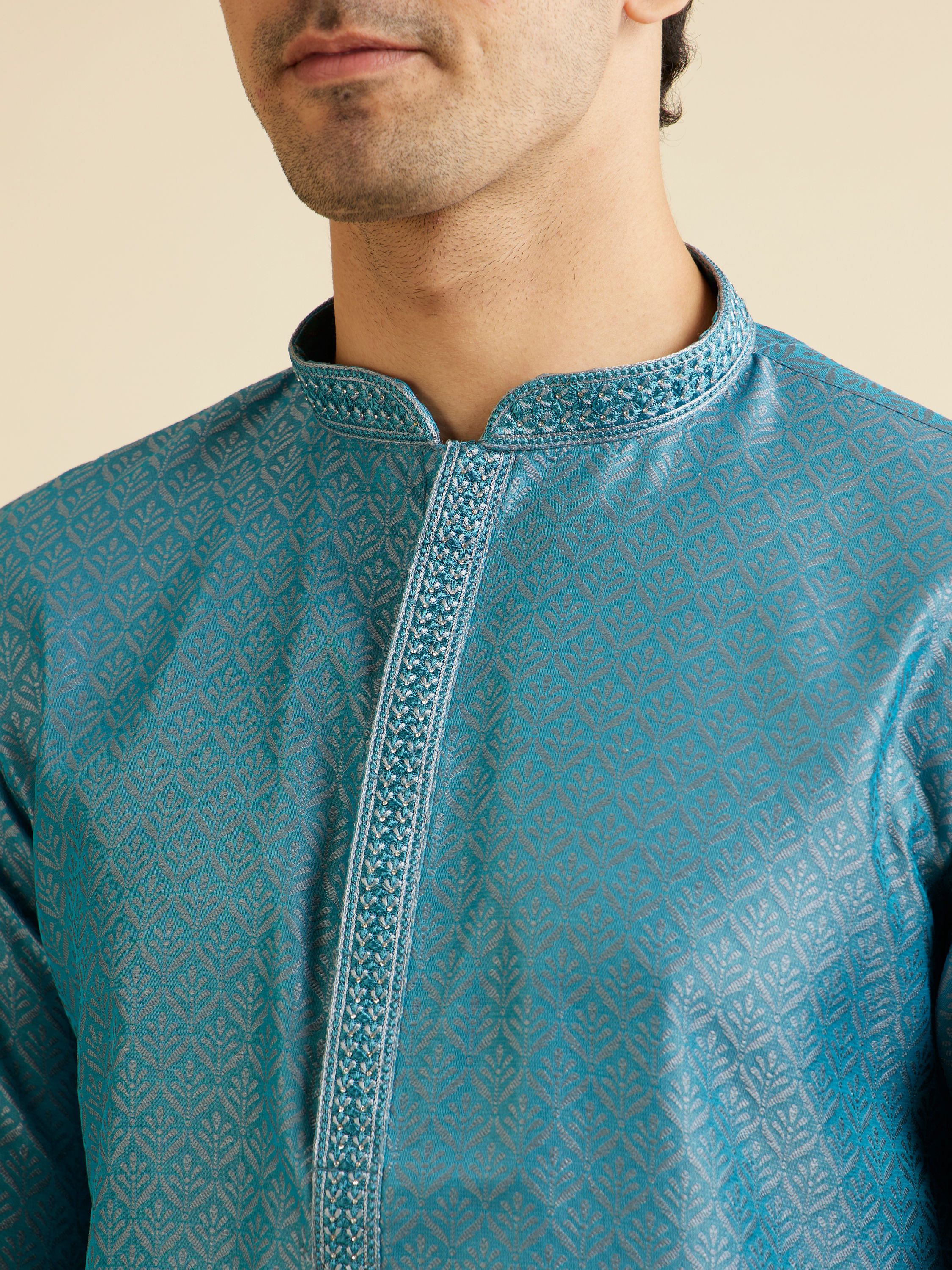 Manyavar Men Turquoise Blue Fern Patterned Kurta Set