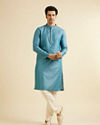 Manyavar Men Turquoise Blue Fern Patterned Kurta Set