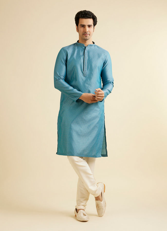 Manyavar Men Turquoise Blue Fern Patterned Kurta Set