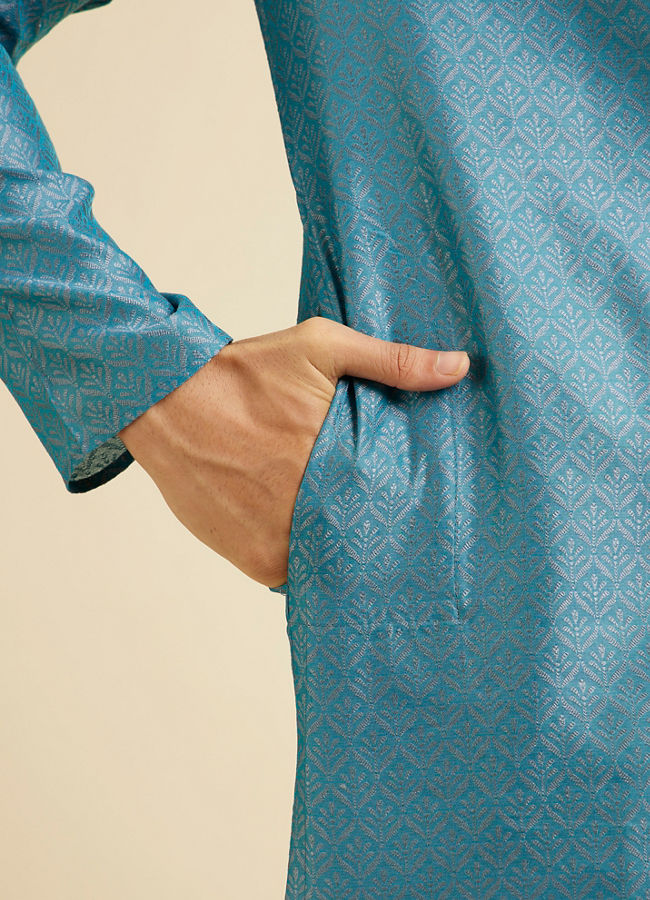 Manyavar Men Turquoise Blue Fern Patterned Kurta Set