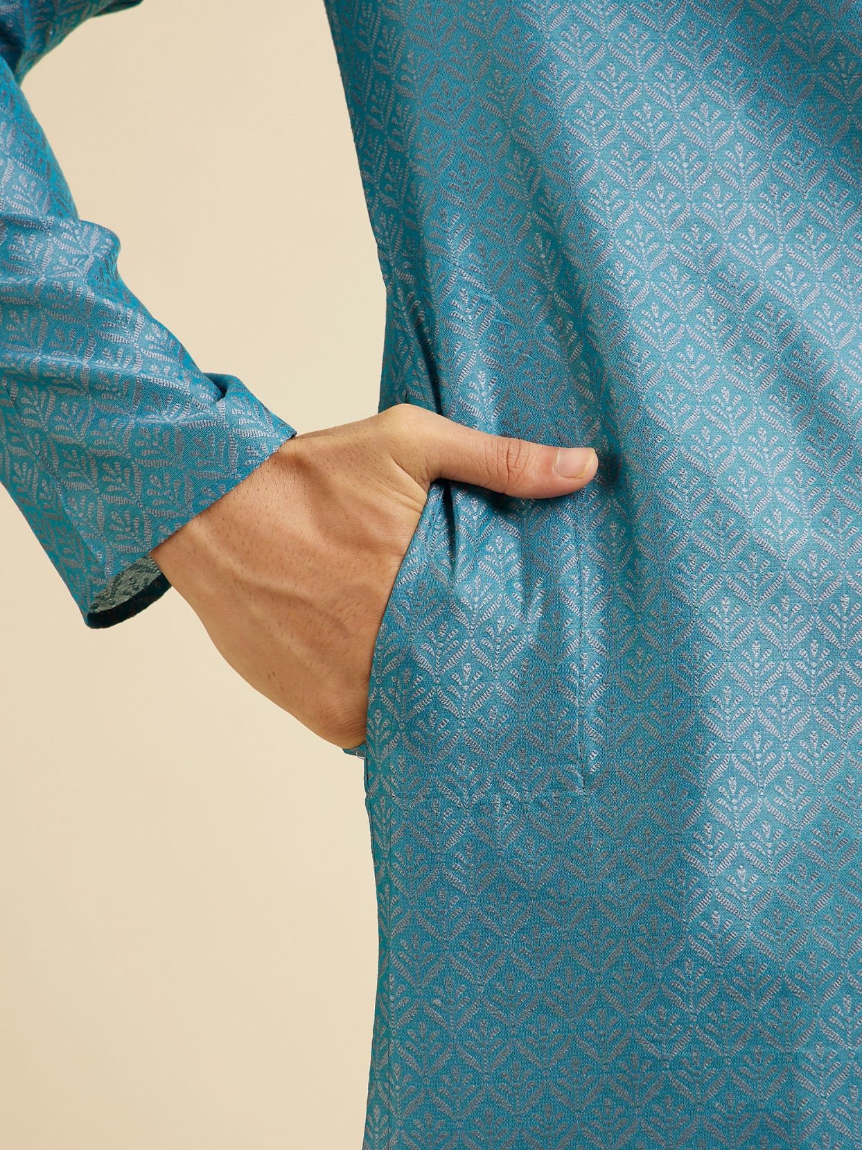 Manyavar Men Turquoise Blue Fern Patterned Kurta Set