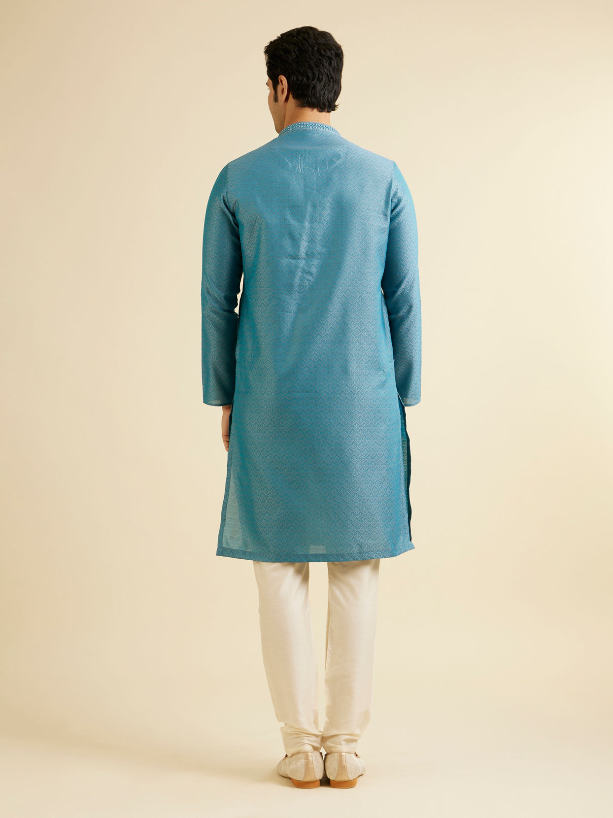 Manyavar Men Turquoise Blue Fern Patterned Kurta Set