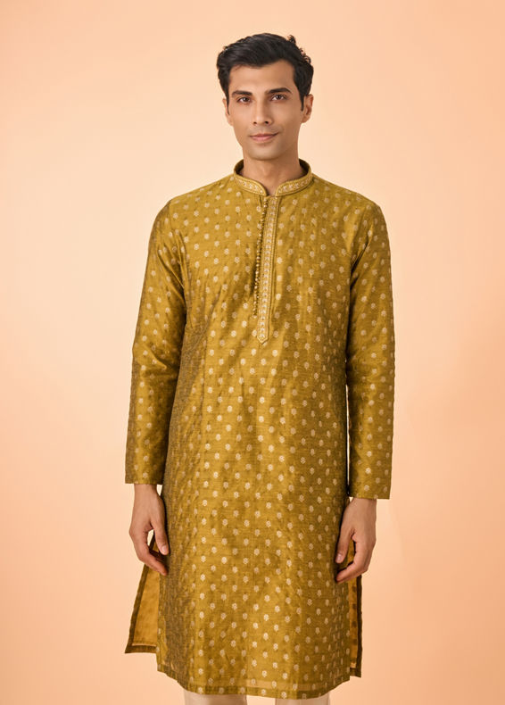 Manyavar Men Mehndi Green Lustrous Kurta Pajama